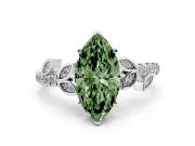 Fancy Green Marquise Cut Diamond Solitaire Leaf-Inspired Ring Set in White gold with Pavé Band and Prong Setting