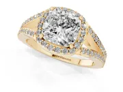 Cushion Cut Halo Engagement Ring Setting | V-Split Pavé Band | Yellow Gold