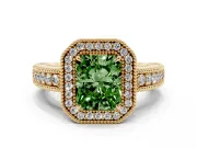 Fancy Green Radiant Cut Diamond Halo Ring Set in Yellow gold with Round Accent Halo, Pavé Band and Prong Setting