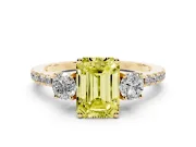 Emerald Cut Three Stone Engagement Ring Setting for a Fancy Yellow Lab-Grown Diamond | Pave Shoulders | Yellow Gold