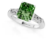 Fancy Green Radiant Cut Diamond Solitaire Ring Set in Silver with Tapered Baguette Side Stones and Prong Setting
