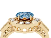Fancy Blue Heart Cut Diamond Milgrain Halo Ring Set in Yellow gold with Split Shank