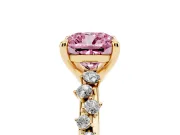 Fancy Pink Cushion Cut Diamond Solitaire Vine Band Ring Set in Yellow gold with Round Accents and Prong Setting