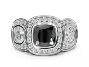 Cushion Cut Three Stone Halo Engagement Ring Setting for a Black Center | Bezel Set | Platinum