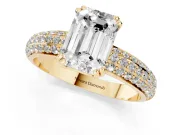 Emerald Cut Three Row Pave Solitaire Engagement Ring Setting | Double Claw Prongs | Yellow Gold