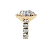 Round Cut Diamond Halo Engagement Ring Set in Yellow gold with Pavé Band and Prong Setting