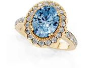 Fancy Blue Oval Cut Diamond Halo Ring Set in Yellow gold with Pavé Shank and Prong Setting