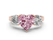 Fancy Pink Heart Cut Diamond Three-Stone Ring Set in Rose gold with Milgrain Band