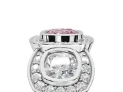 Cushion Cut Three Stone Halo Engagement Ring Setting for a Fancy Pink Lab-Grown Diamond | Platinum