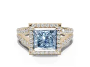 Princess Cut Halo Pavé Engagement Ring Setting for a Fancy Blue Lab-Grown Diamond | Narrow Split Shank | Yellow Gold
