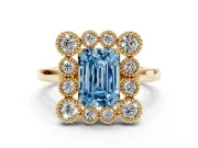 Emerald Cut Milgrain Cluster Halo Engagement Ring Setting for a Fancy Blue Lab-Grown Diamond | Plain Band | Yellow Gold