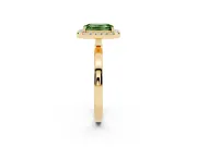 Fancy Green Emerald Cut Diamond Halo Solitaire Ring Set in Yellow gold with Pavé Band and Prong Setting