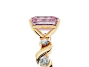 Fancy Pink Emerald Cut Diamond Solitaire Ring Set in Yellow gold with Ribbon Twist Band, Round Accents and Prong Setting
