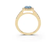 Fancy Blue Oval Cut Diamond Halo Pavé Solitaire Ring Set in Yellow gold with Prong-Set Center Stone