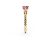 Fancy Pink Three-Stone Cushion Cut Diamond Pavé Band Ring Set in Yellow gold with Prong Setting
