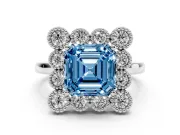 Asscher Cut Milgrain Cluster Halo Engagement Ring Setting for a Fancy Blue Lab-Grown Diamond | Plain Band | Platinum