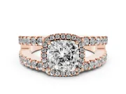 Cushion Cut Halo Split Shank Engagement Ring Setting | Pavé Strands | Rose Gold