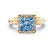 Fancy Blue Princess Cut Diamond Halo Engagement Ring Set in Yellow gold with Plain Split Shank and Prong Setting