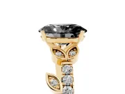 Oval Leaf Pavé Engagement Ring Setting for a Black Center | Leaf Motif Shoulders | Yellow Gold