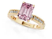 Fancy Pink Emerald Cut Diamond Solitaire Ring Set in Yellow gold with Slim Pavé Band and Prong Setting