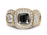 Cushion Cut Three Stone Halo Engagement Ring Setting for a Black Center | Bezel Set | Yellow Gold