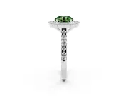 Fancy Green Round Cut Diamond Milgrain Floral Halo Engagement Ring Set in White gold with Pavé Band