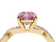 Fancy Pink Cushion Cut Diamond Twist Band Solitaire Set in Yellow gold with Pavé Accents and Prong Setting