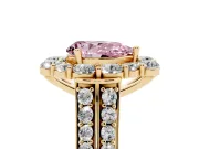 Fancy Pink Pear Cut Diamond Halo Engagement Ring Set in Yellow gold with Split Shank and Prong Setting