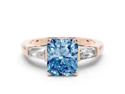 Radiant Cut Three Stone Engagement Ring Setting for a Fancy Blue Lab-Grown Diamond | Tapered Baguettes | Rose Gold