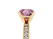 Fancy Pink Princess Cut Diamond Solitaire Ring Set in Yellow gold with Slim Pavé Band and Prong Setting