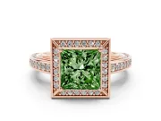 Fancy Green Princess Cut Diamond Halo Pavé Split Shank Ring Set in Rose gold with Prong Setting