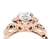 Oval Cut Diamond Halo Ring Set in Rose gold with Scrollwork Band and Prong Setting