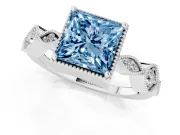 Fancy Blue Princess Cut Diamond Vintage-Inspired Milgrain Ring Set in White gold with Marquise Stations of Round Accents
