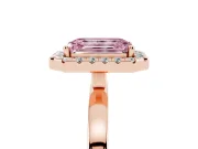 Fancy Pink Emerald Cut Diamond Halo Solitaire Ring Set in Rose gold with Pavé Band and Prong Setting
