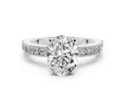 Oval Cut Diamond Solitaire Ring Set in White gold with Slim Pavé Band and Prong Setting