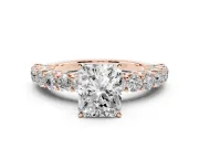 Radiant Cut Shared Prong Engagement Ring Setting | Two-Row Band | Rose Gold