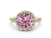 Fancy Pink Round Cut Diamond Floral Halo Ring Set in Yellow gold with Pavé Band and Prong Setting