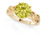 Fancy Yellow Round Cut Diamond Milgrain Leaf Band Solitaire Ring Set in Yellow gold with Accent Stones and Prong Setting
