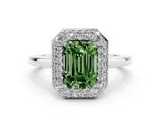 Fancy Green Emerald Cut Diamond Halo Engagement Ring Set in White gold with Solitaire Band and Prong Setting