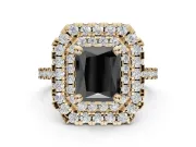 Fancy Black Radiant Cut Lab-Grown Diamond Double Halo Statement Ring Set in Yellow Gold with Pavé Band