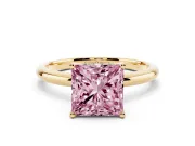 Fancy Pink Princess Cut Diamond Solitaire Engagement Ring Set in Yellow gold with Prong Setting and Polished Band