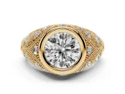 Round Cut Diamond Bezel Ring Set in Yellow gold with Milgrain Accent Band
