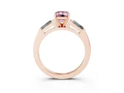 Fancy Pink Emerald Cut Diamond Solitaire Ring Set in Rose gold with Tapered Baguette Side Stones and Prong Setting