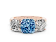Cushion Cut Three Stone Engagement Ring Setting for a Fancy Blue Lab-Grown Diamond | Basket Prong Heads | Rose Gold