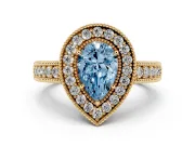 Fancy Blue Pear Cut Diamond Halo Ring Set in Yellow gold with Round Accent Halo, Pavé Band and Prong Setting
