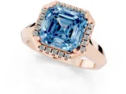 Fancy Blue Asscher Cut Diamond Halo Ring Set in Rose gold with Cathedral Band and Prong Setting