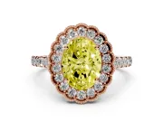 Fancy Yellow Oval Cut Diamond Milgrain Floral Halo Engagement Ring Set in Rose gold with Pavé Band