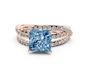 Fancy Blue Princess Cut Diamond Solitaire Twist Band Ring Set in Rose gold with Pavé Setting and Prong Head