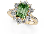 Fancy Green Emerald Cut Diamond Floral Halo Ring Set in Yellow gold with Round Pavé Band and Prong Setting