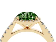 Fancy Green Round Cut Diamond Halo Engagement Ring Set in Yellow gold with Pavé Band and Prong Setting